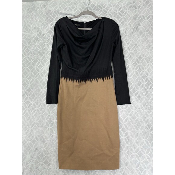 Escada Knit Dress 36 Small Black Tan Colorblock Wool Silk Cowl Classy Timeless - Picture 1 of 11
